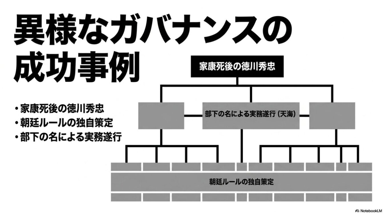 徳川秀忠の統治における「部下の名による実務遂行」と「朝廷ルールの独自策定」を特徴づける組織構造を示した図解。