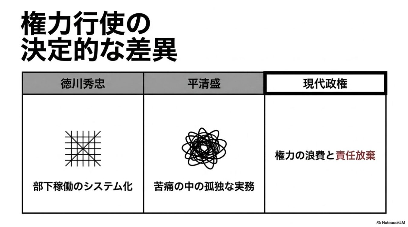 徳川秀忠、平清盛、現代政権の権力行使の違いを比較する表で、徳川秀忠は「部下稼働のシステム化」、平清盛は「苦痛の中の孤独な実務」、現代政権は「権力の浪費と責任放棄」と記述されています。