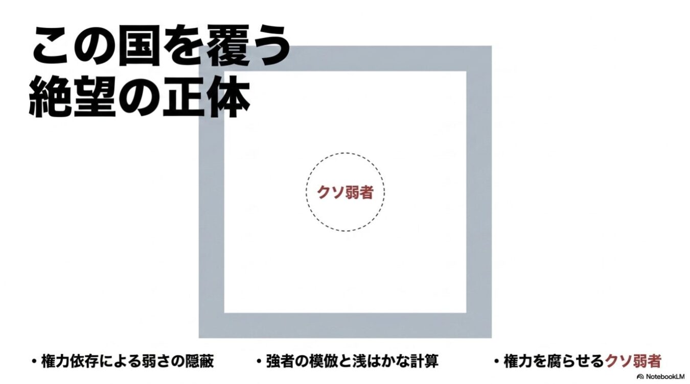 「この国を覆う絶望の正体」という大きな見出しと、中央に「クソ弱者」と記された円、その下に「権力依存による弱さの隠蔽」「強者の模倣と浅はかな計算」「権力を腐らせるクソ弱者」という3つの項目が配置されたスライド図。