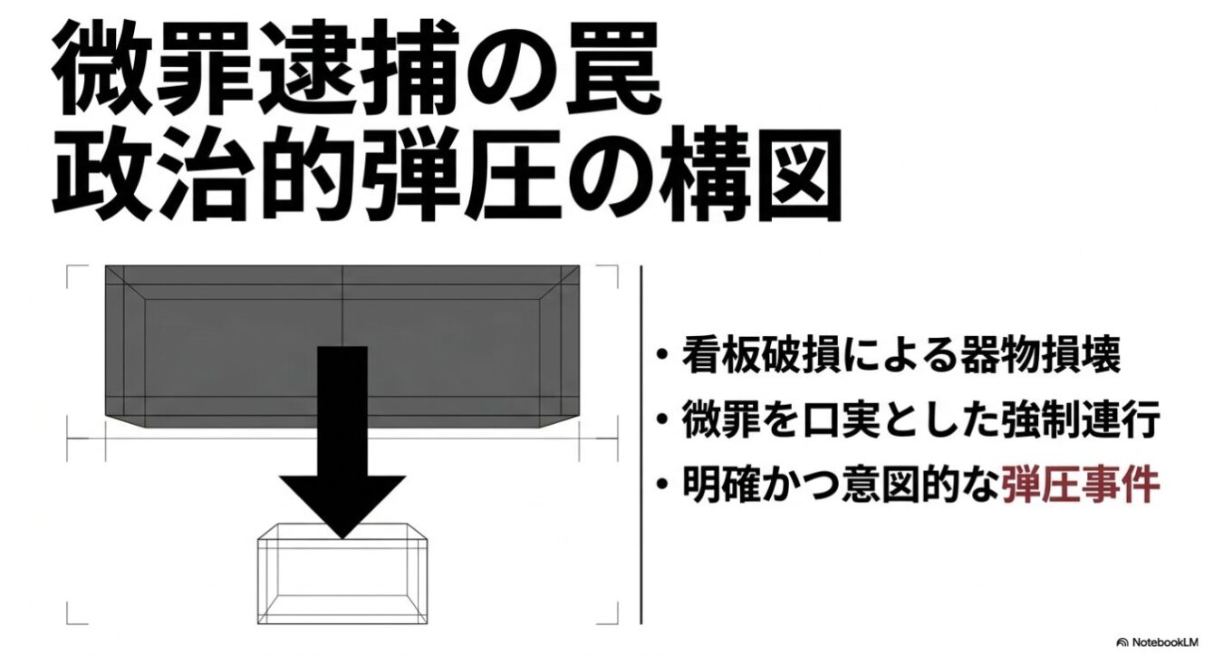 「微罪逮捕の罠 政治的弾圧の構図」という見出しの下に、大きな長方形が小さな箱へと変化する矢印の図解と、「看板破損による器物損壊」「微罪を口実とした強制連行」「明確かつ意図的な弾圧事件」という3項目が記されています。