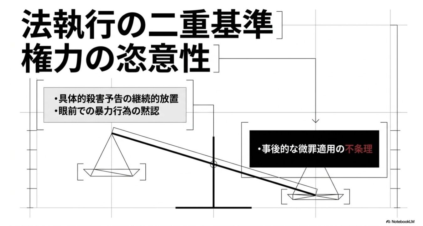 「法執行の二重基準」「権力の恣意性」という見出しの下に、天秤が大きく傾いた図と、放置された殺害予告や暴力、不条理な微罪適用といった現状を対比させた概念図。