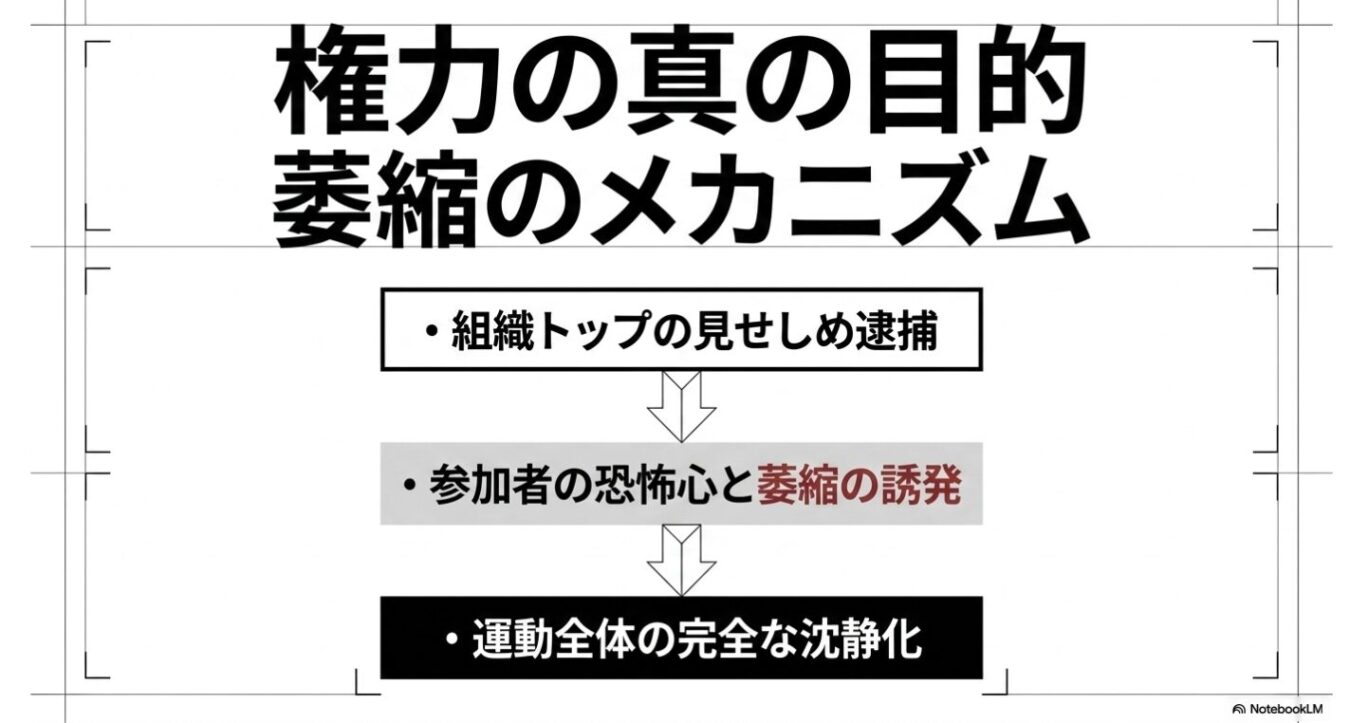 「権力の真の目的 萎縮のメカニズム」というタイトルの下に、「組織トップの見せしめ逮捕」から「参加者の恐怖心と萎縮の誘発」を経て「運動全体の完全な沈静化」へと至るプロセスを示したフローチャート。