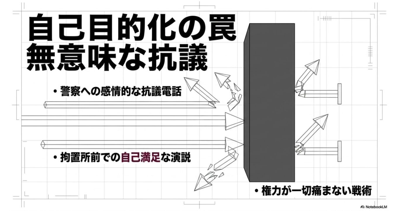 「自己目的化の罠 無意味な抗議」という題目の下に、警察への抗議電話や拘置所前での演説などの無意味な戦術が、権力という壁に跳ね返されて砕け散る様子を矢印で図示した概念図。