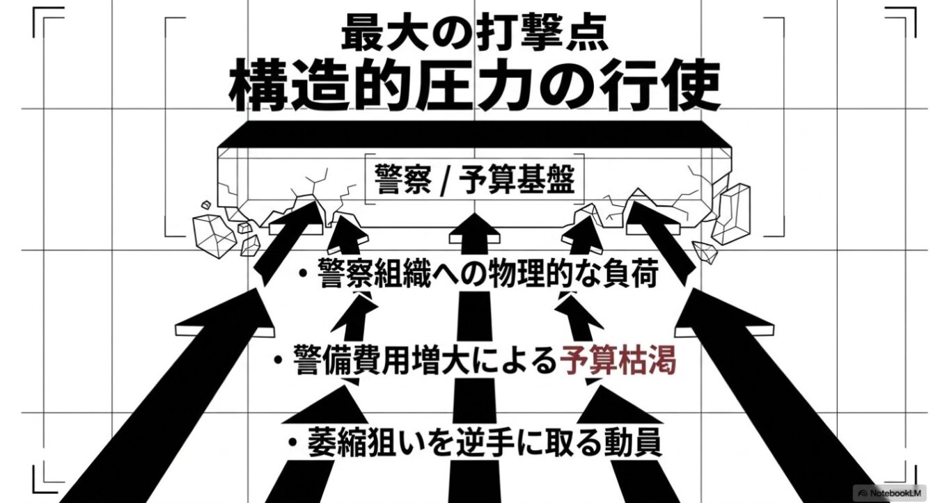 「警察／予算基盤」と書かれた構造物が、3つの要因（警察組織への物理的な負荷、警備費用増大による予算枯渇、萎縮狙いを逆手に取る動員）によって下から突き上げられ、破壊されている様子を描いた図解。