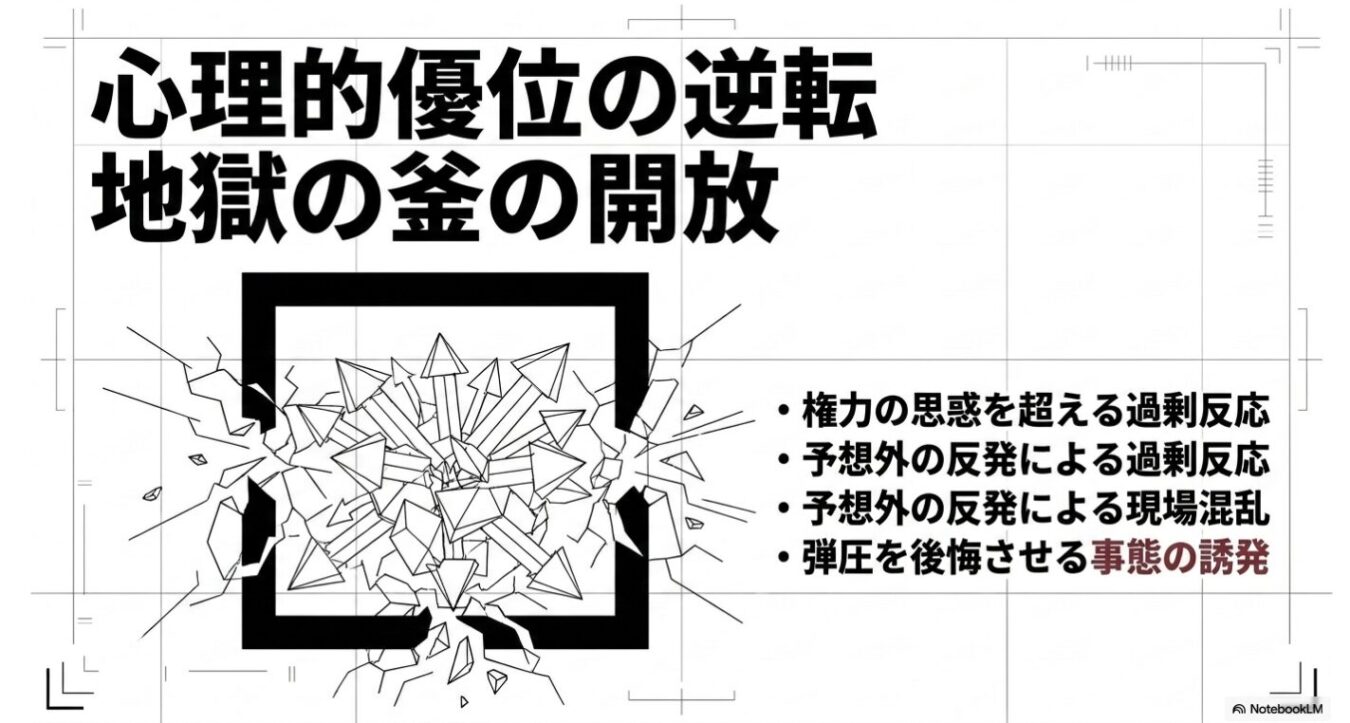 ひび割れて中央から外側へ砕け散る枠のイラストと、「心理的優位の逆転 地獄の釜の開放」という見出し、および弾圧への反発が招く過剰反応や現場の混乱を説く4項目の箇条書きが記された図解。