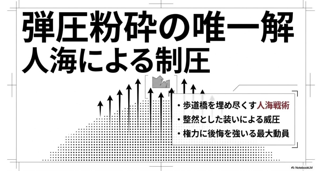 「弾圧粉砕の唯一解 人海による制圧」という大きな見出しと、人海戦術による威圧や動員を説く箇条書き、および右肩上がりの矢印で構成された群衆を表現したグラフが描かれたスライド。