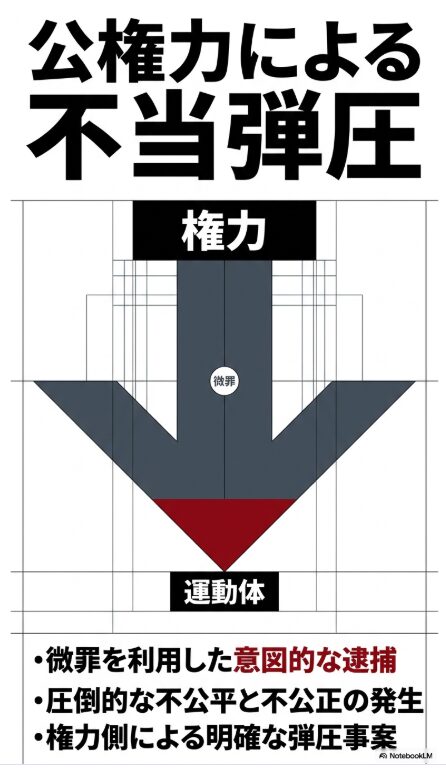 「公権力による不当弾圧」という表題の下に、権力が運動体を圧迫する様子を矢印で図示した概念図と、微罪を利用した逮捕や不当な弾圧を告発する3つの箇条書きが記されたポスター。