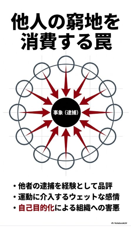 「他人の窮地を消費する罠」というタイトルと、中心の「事象（逮捕）」に向かって周囲から矢印が集中する図、および「他者の逮捕を経験として品評」「運動に介入するウェットな感情」「自己目的化による組織への害悪」という3項目の箇条書きが記された図解。
