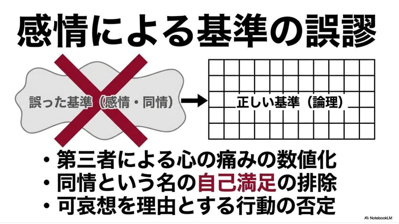 感情による基準を否定し、論理に基づく基準の重要性と、心の痛みの数値化や自己満足の排除、可哀想を理由とする行動の否定を提唱する図解。