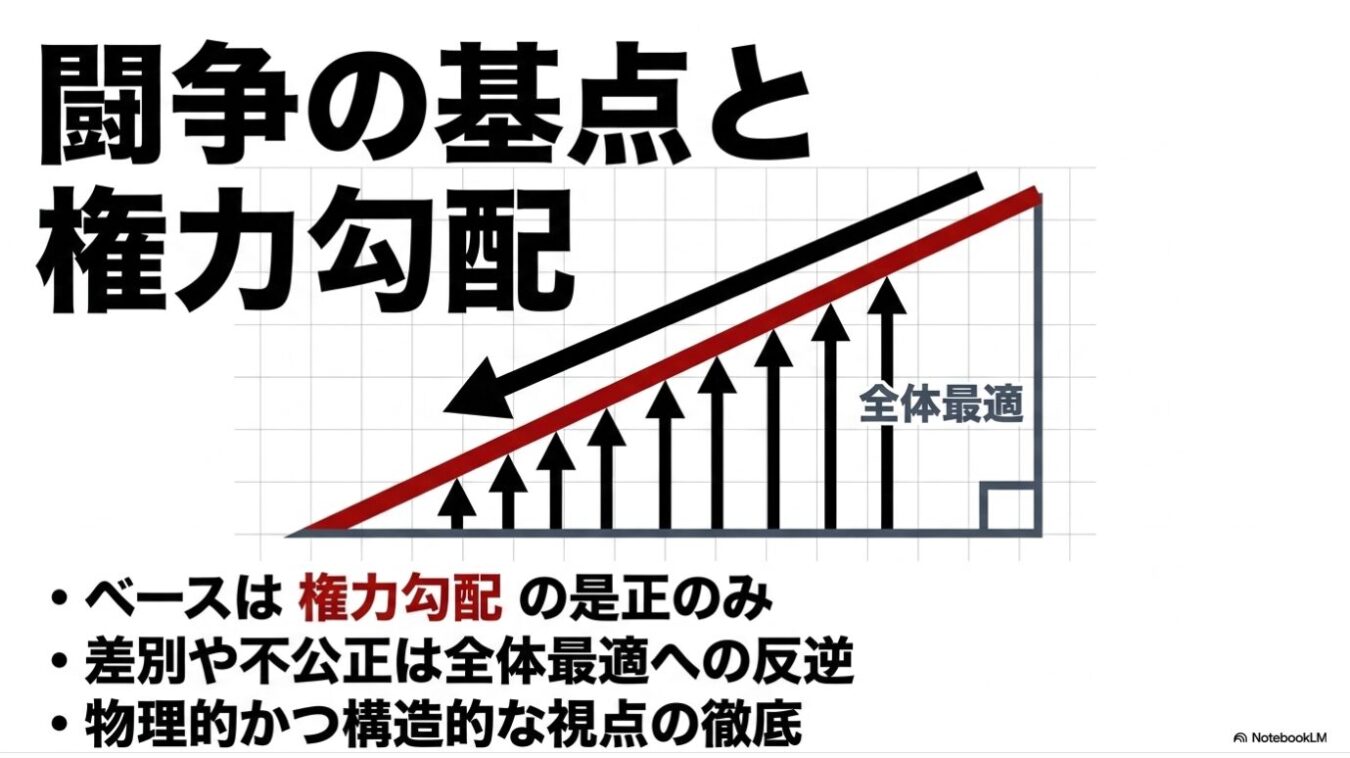 右肩上がりの三角形の図形と、権力勾配の是正や全体最適に関する主張が記されたスライド。