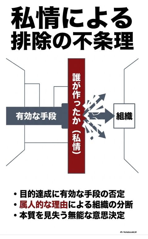 「私情による排除の不条理」という題名の下に、有効な手段が個人の私情という壁によって阻まれ、組織への伝達が分断されている様子を描いた図解と、その問題点を指摘する3つの箇条書き。