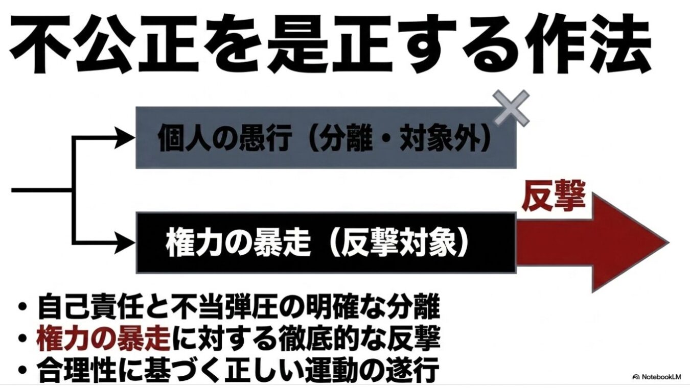 不公正を是正するための作法として、個人の愚行は分離・対象外とし、権力の暴走には反撃を行うべきとする方針と、そのための3つの指針を示した図解。