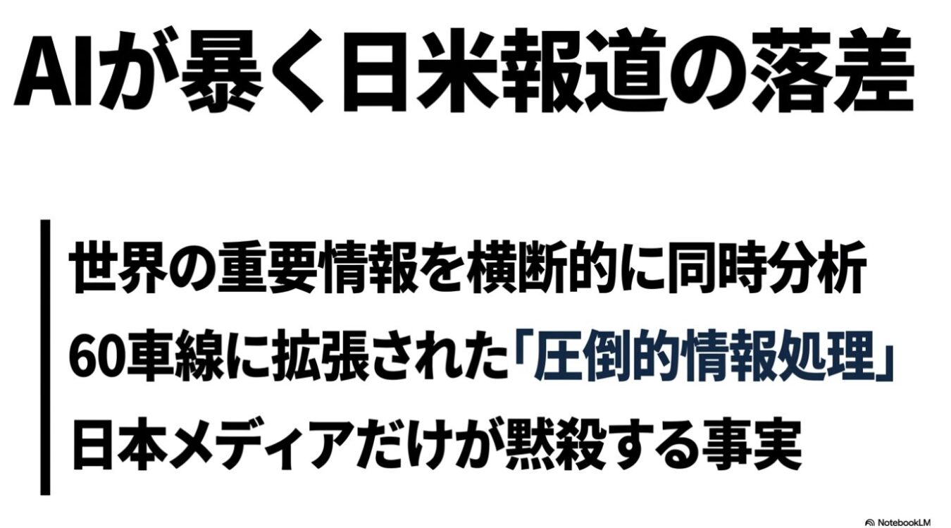 AIが日米の報道の落差を分析し、日本メディアが黙殺する事実を指摘する旨を記したスライドのタイトルと本文。