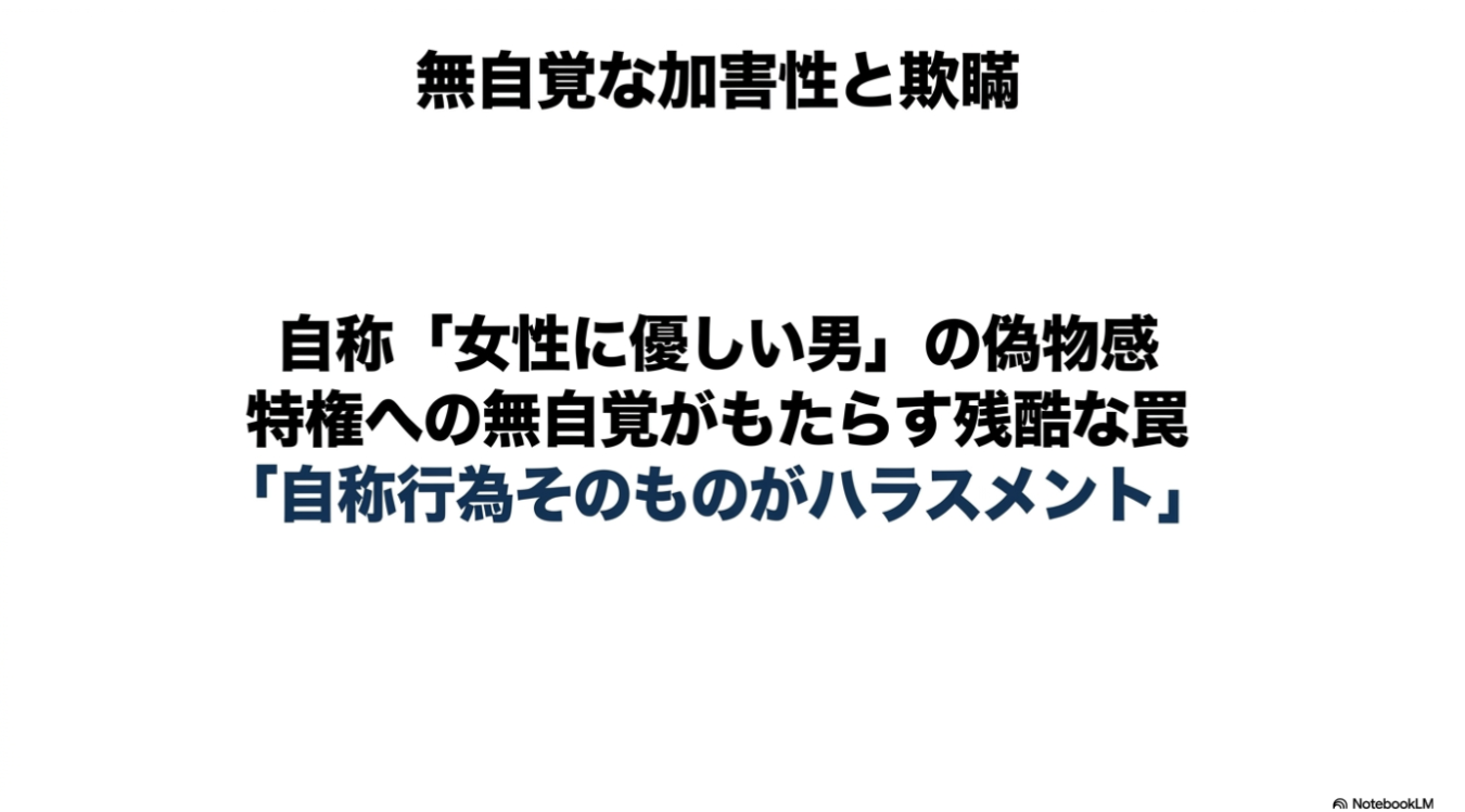 「無自覚な加害性と欺瞞」という題字の下に、「自称『女性に優しい男』の偽物感 特権への無自覚がもたらす残酷な罠 『自称行為そのものがハラスメント』」という文章が記されたスライド画像。