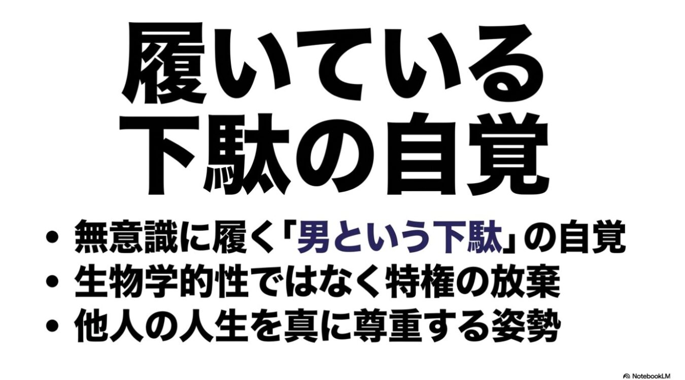 「履いている下駄の自覚」という大きな見出しと、「無意識に履く『男という下駄』の自覚」「生物学的性ではなく特権の放棄」「他人の人生を真に尊重する姿勢」という3つの箇条書きが記されたスライド画像。