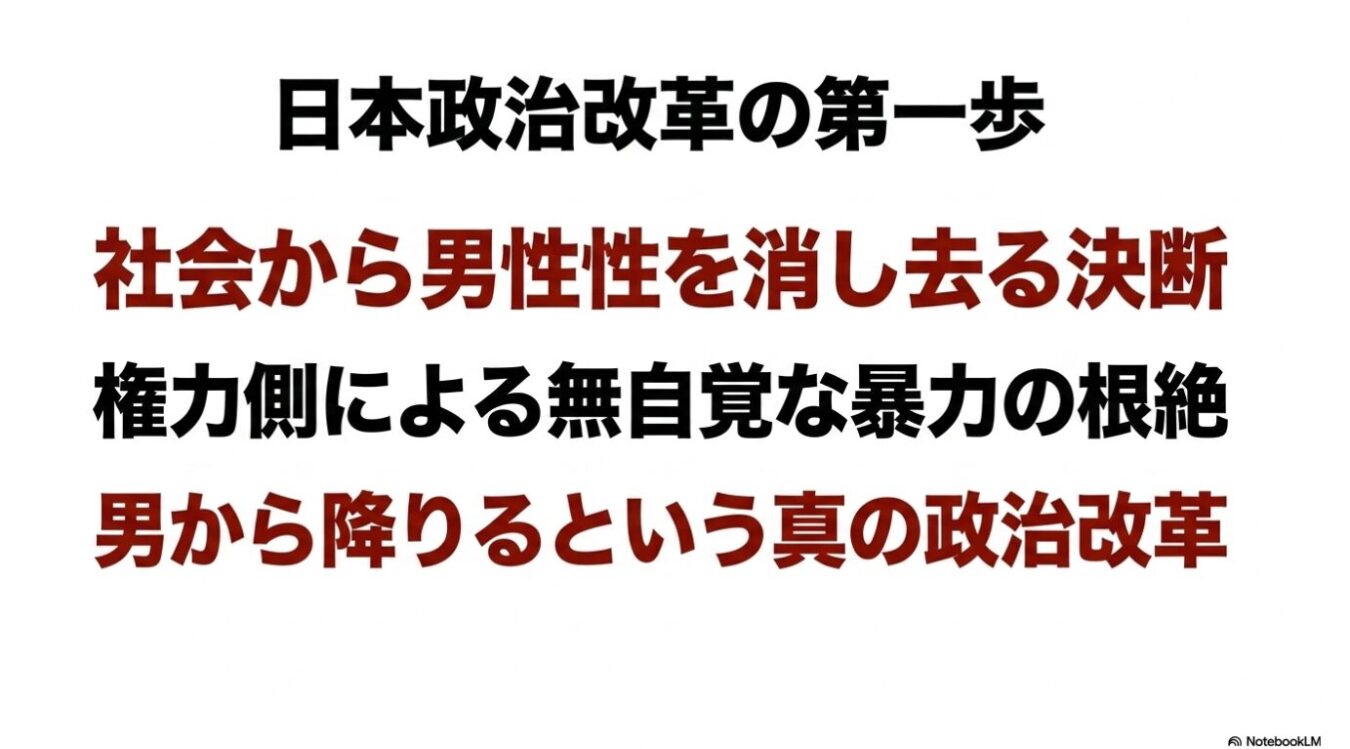「日本政治改革の第一歩　社会から男性性を消し去る決断　権力側による無自覚な暴力の根絶　男から降りるという真の政治改革」という文字列が中央に大きく記された白背景の画像。