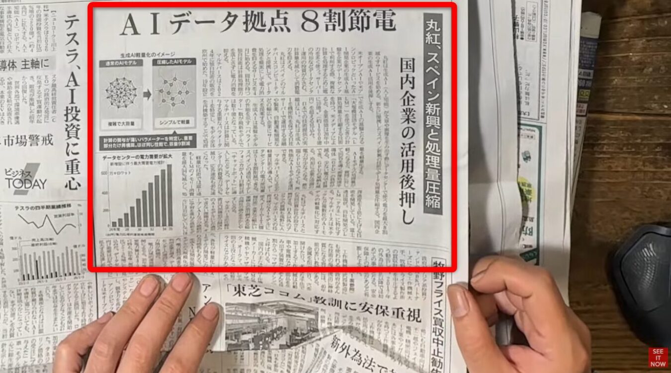 AIデータセンターの消費電力を8割削減する技術について報じる、丸紅とスペインのスタートアップ企業に関する新聞記事。