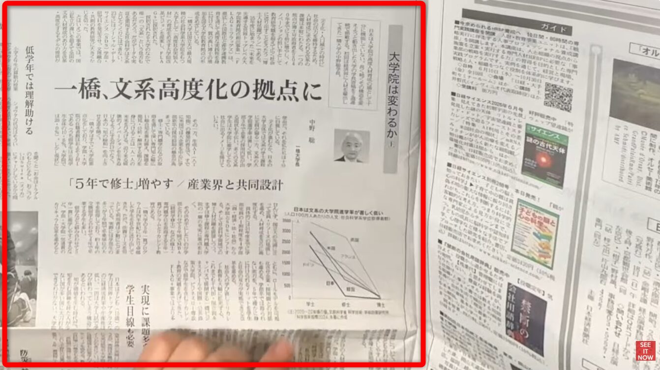 日本の文系大学院の高度化をテーマにした、新聞の連載記事と広告が掲載された紙面。