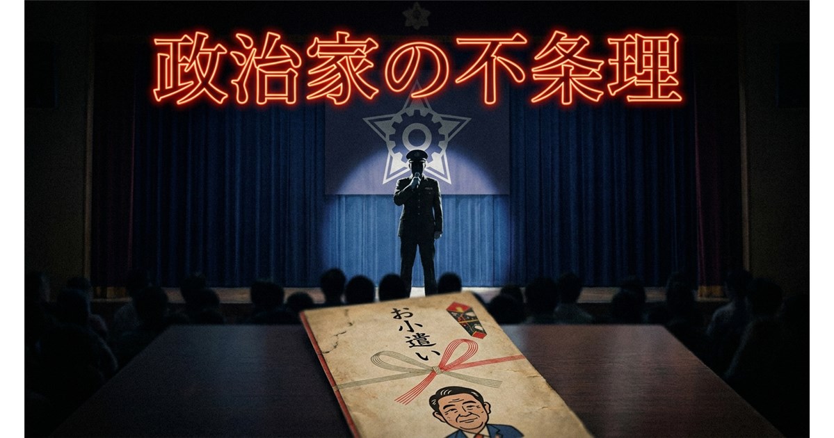 ステージ上で演説する軍服姿の人物と、その手前に置かれた「お小遣い」と書かれた熨斗袋のイラストが描かれた、政治風刺のイメージ画像。