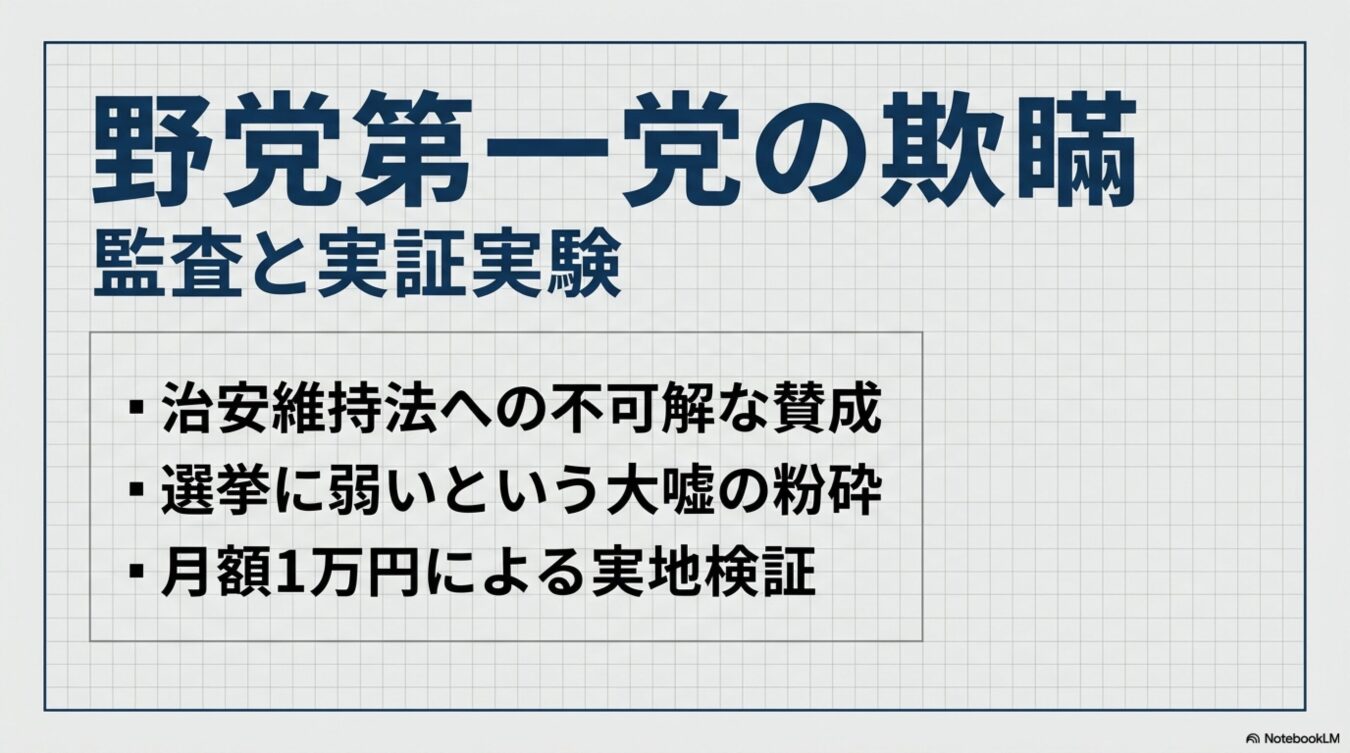 「野党第一党の欺瞞 監査と実証実験」というタイトルと、「治安維持法への不可解な賛成」「選挙に弱いという大嘘の粉砕」「月額1万円による実地検証」という3つの項目が記載された、グリッド背景のプレゼンテーションスライド。