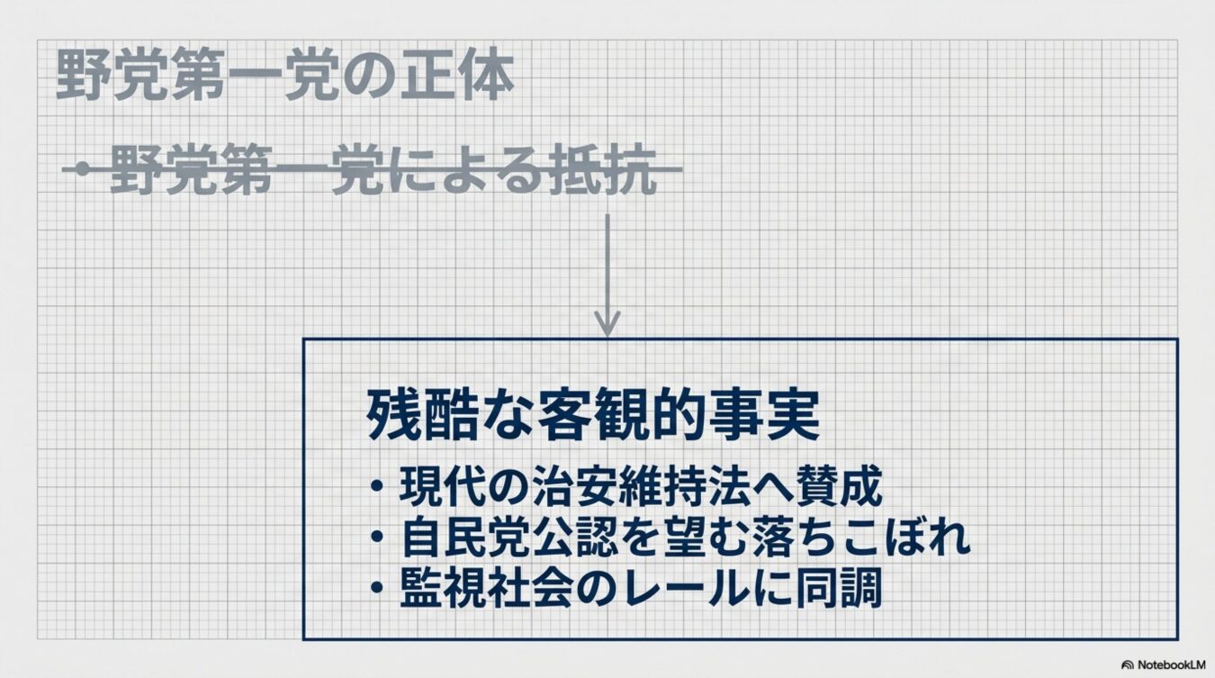野党第一党による抵抗を「現代の治安維持法への賛成」「自民党公認を望む落ちこぼれ」「監視社会のレールに同調」という3つの残酷な客観的事実として定義づけた図解。