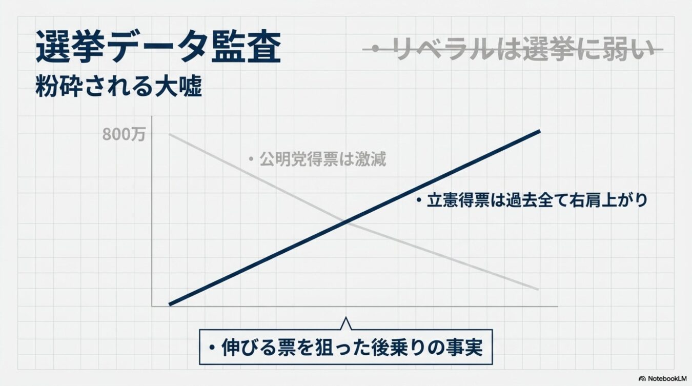 公明党の得票数減少と立憲民主党の得票数増加を示すグラフを用いて、「リベラルは選挙に弱い」という主張を否定し、票の伸びを狙った後乗りであると解説するスライド画像。
