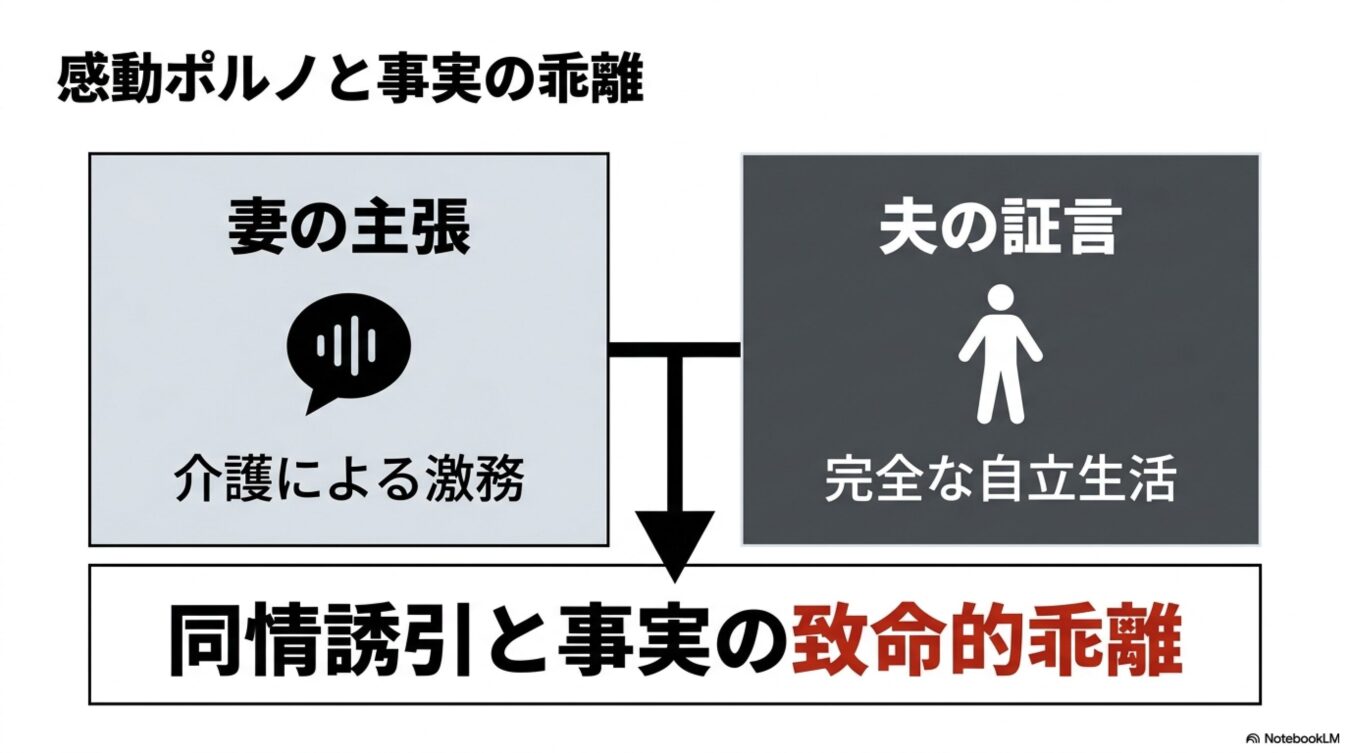 感動ポルノと事実の乖離と題し、介護による激務を主張する妻と完全な自立生活を証言する夫の対比から、同情誘引と事実の致命的な食い違いを指摘する図解。