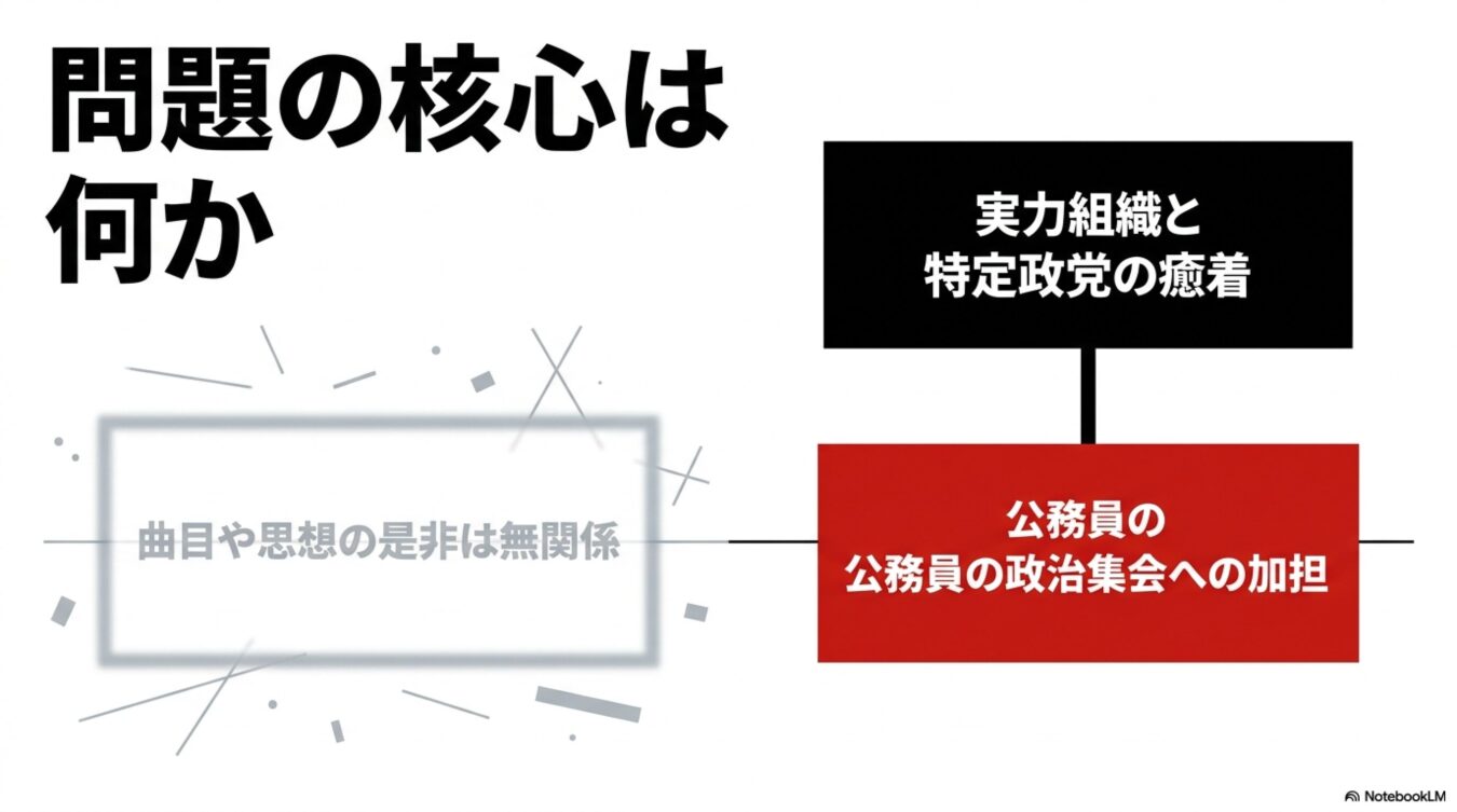 「問題の核心は何か」という見出しの下に、「実力組織と特定政党の癒着」および「公務員の政治集会への加担」が重要であるとし、「曲目や思想の是非は無関係」であることを図示した構成図。