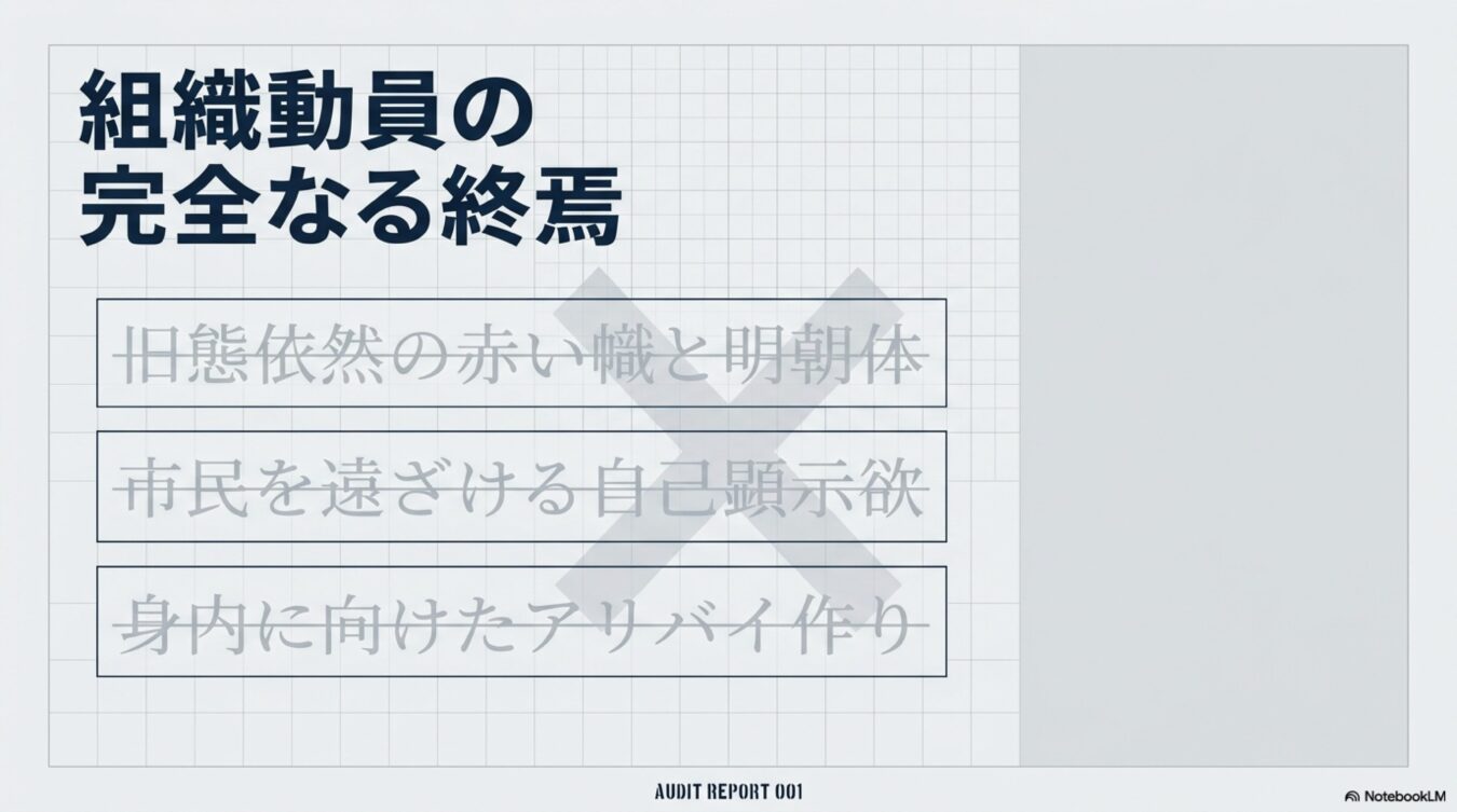 組織動員の完全なる終焉という大見出しの下に、旧態依然とした組織活動を否定する3つの項目が打ち消し線付きで並ぶ、Audit Report 001と題された分析図。