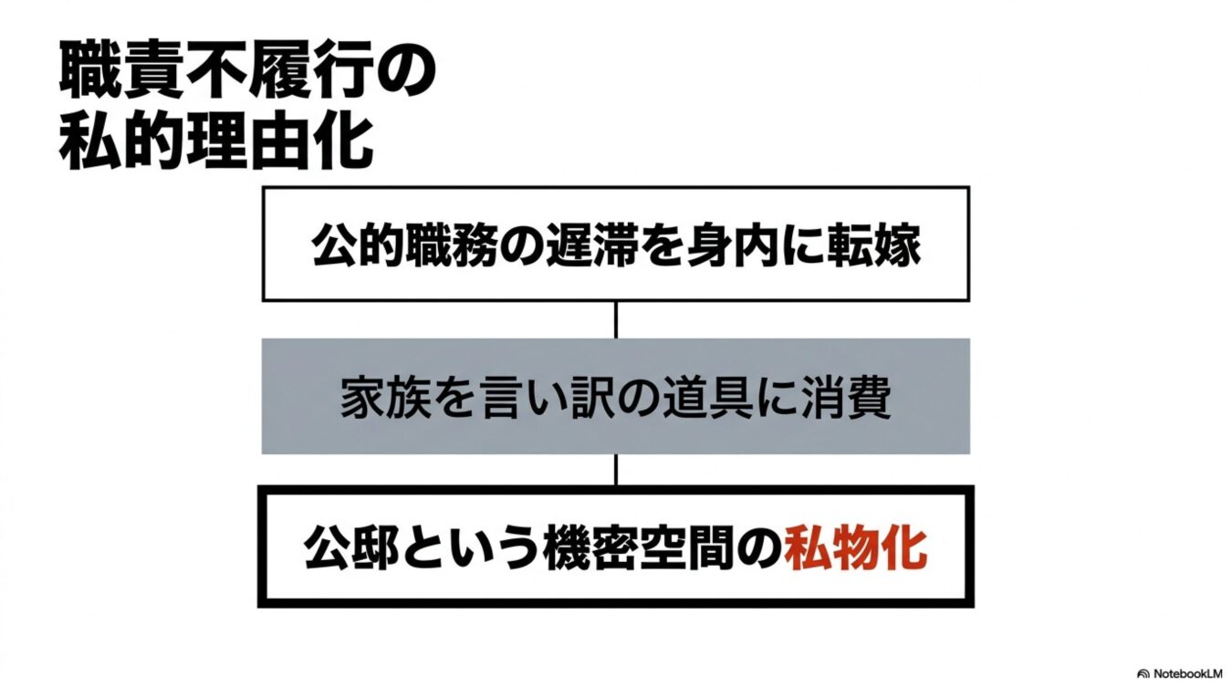 職責不履行の私的理由化をテーマに、公的職務の遅滞を家族に転嫁し、公邸という機密空間を私物化する構造を示した図解。