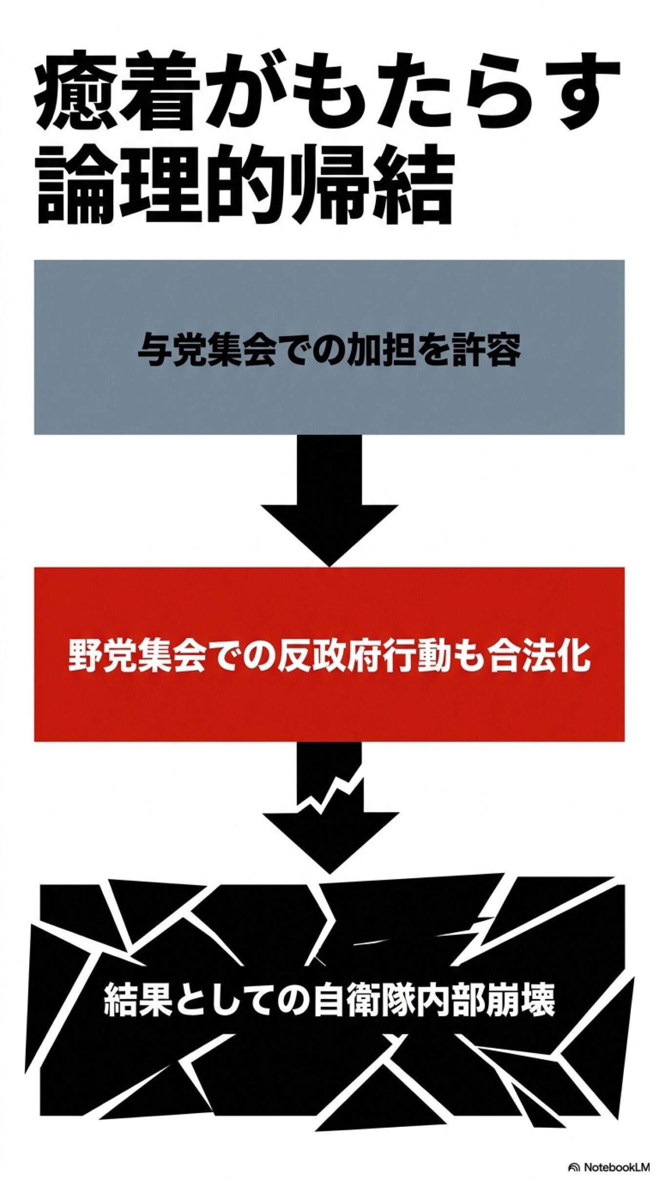 「癒着がもたらす論理的帰結」と題し、与党集会への加担の許容から始まり、野党集会での反政府行動の合法化を経て、最終的に自衛隊が内部崩壊に至る因果関係を示したフローチャート。