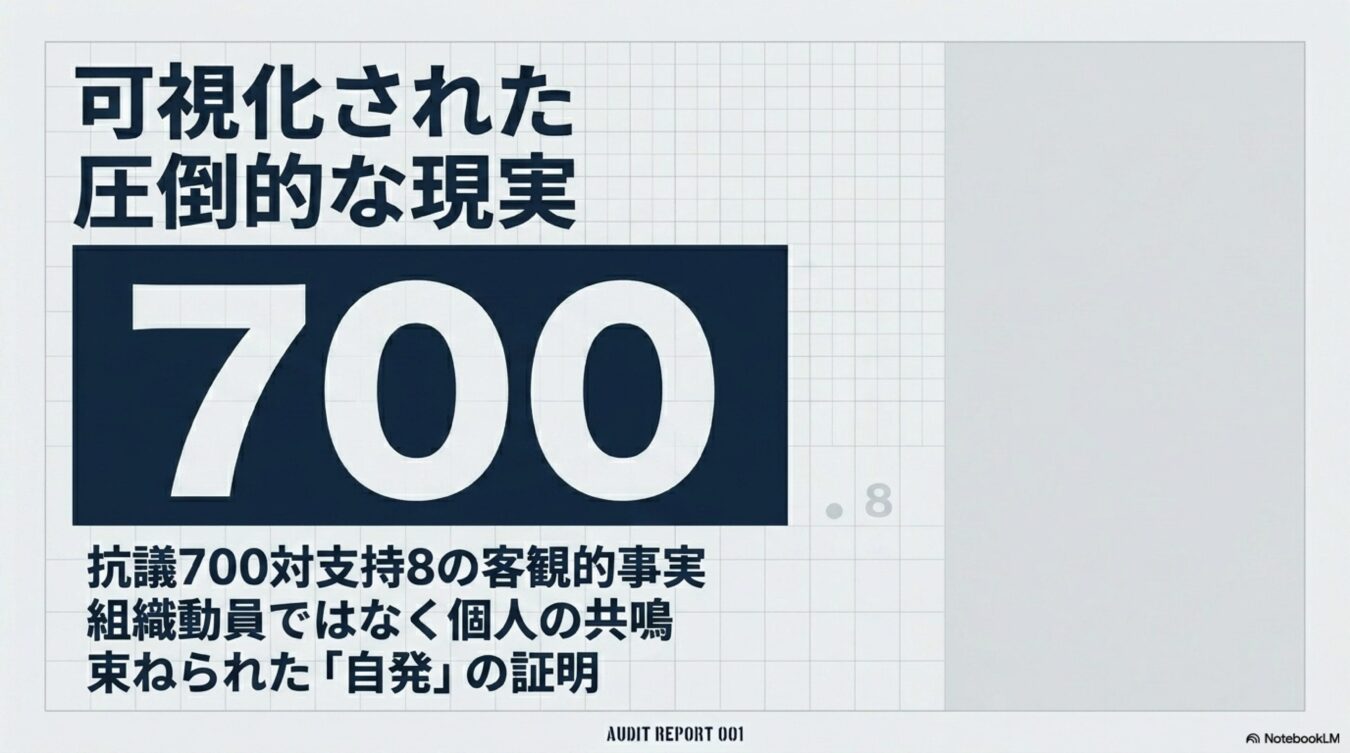 抗議700対支持8という数字を提示し、組織動員ではなく個人の共鳴による自発的な動きであることを証明するレポートの表紙。