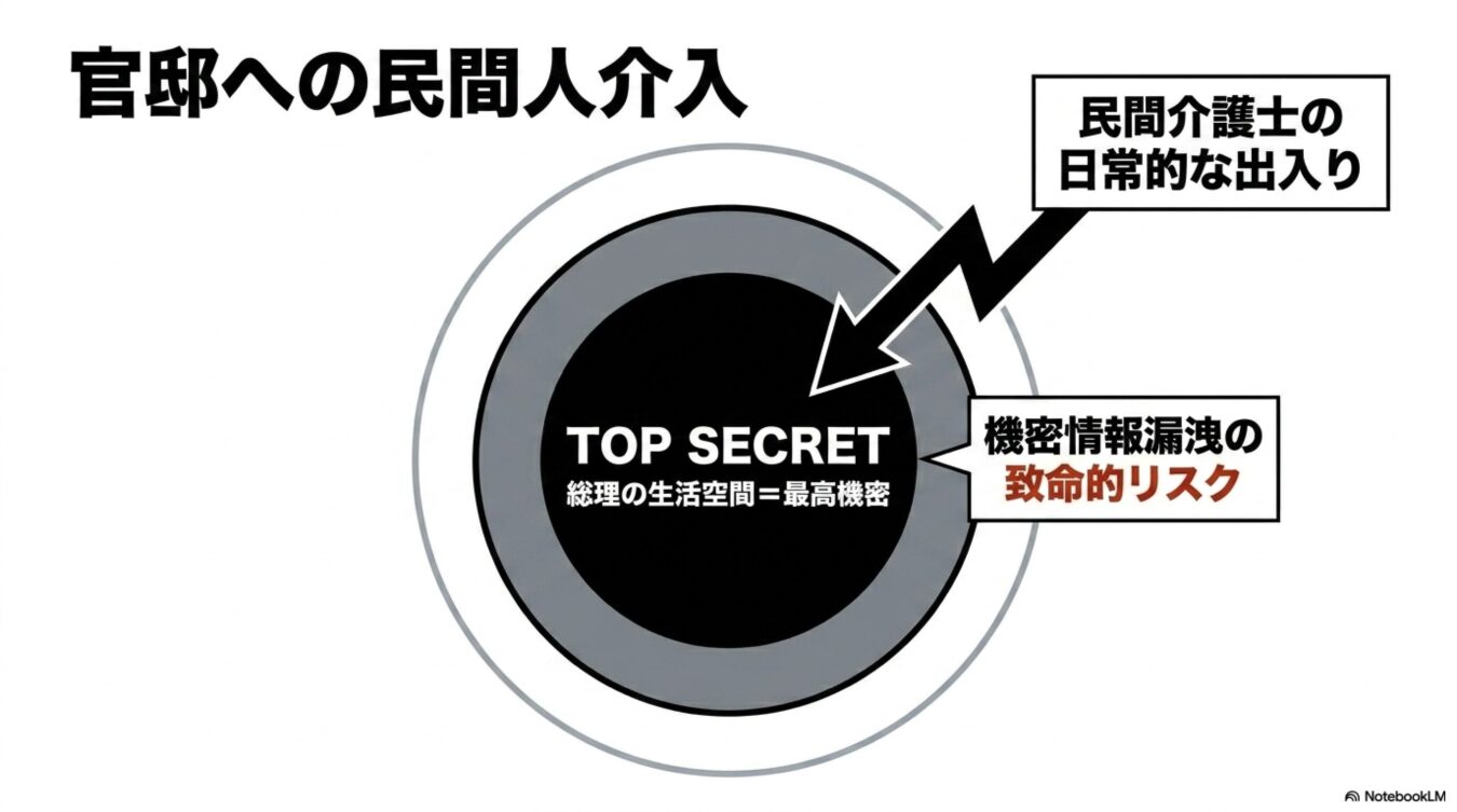 官邸の最高機密エリアへ民間介護士が出入りすることで、機密情報漏洩の致命的なリスクが生じていることを示す図解。
