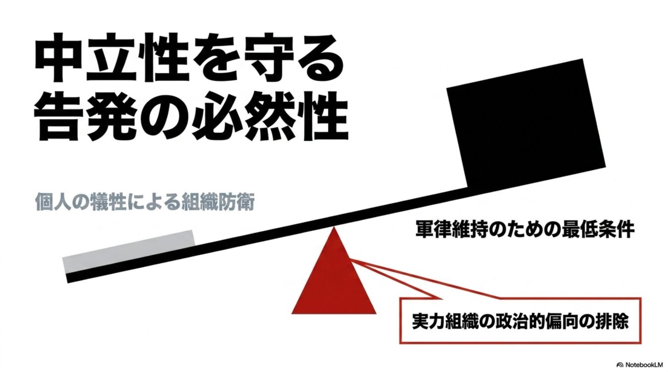 中立性を守る告発のシーソー図。政治的偏向排除が軍律維持の最低条件、個人の犠牲と対比される構造。