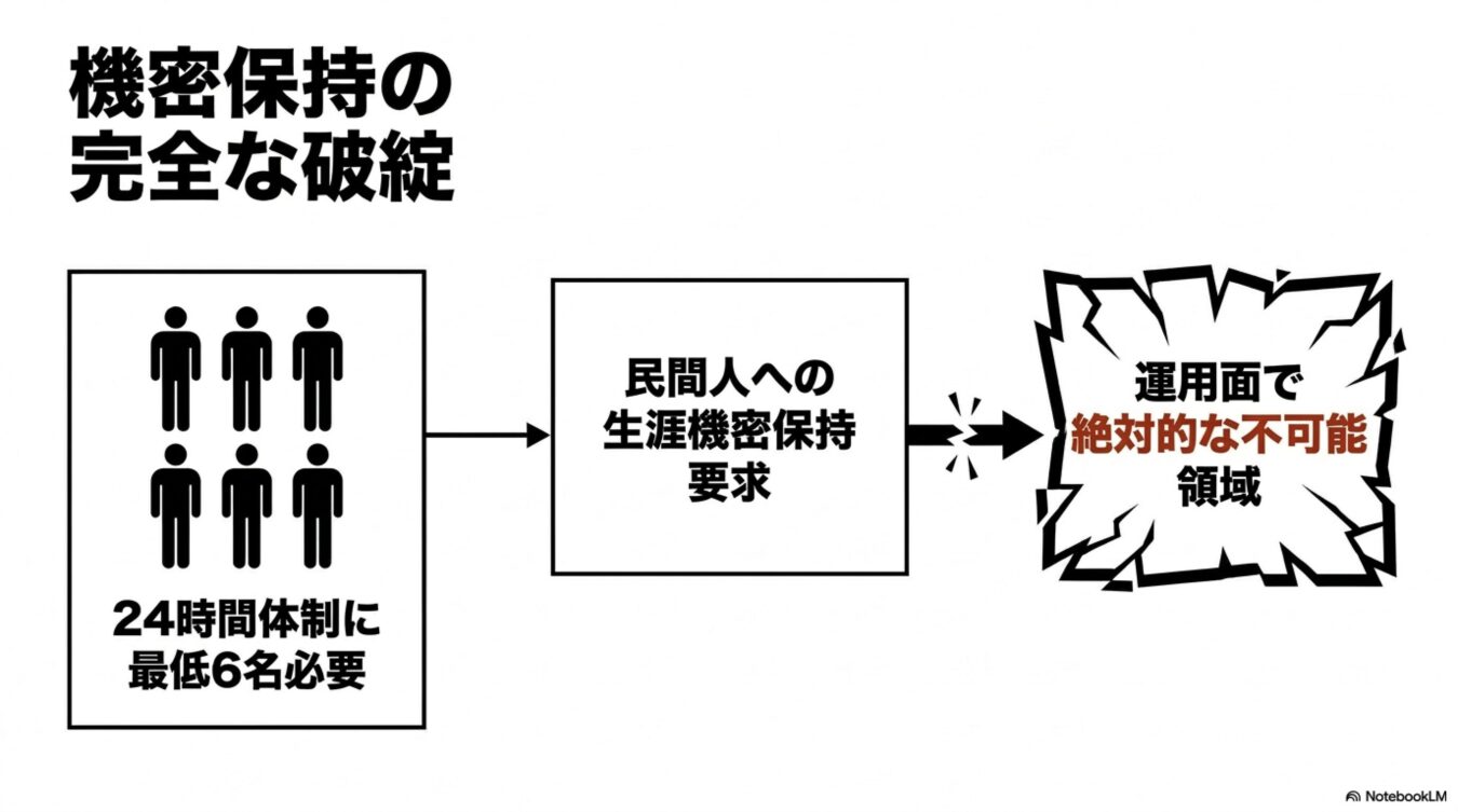 機密保持の破綻を示す図。24時間体制で6名必要な業務に対し、民間人へ生涯の機密保持を要求することが運用面で不可能であるという構造。