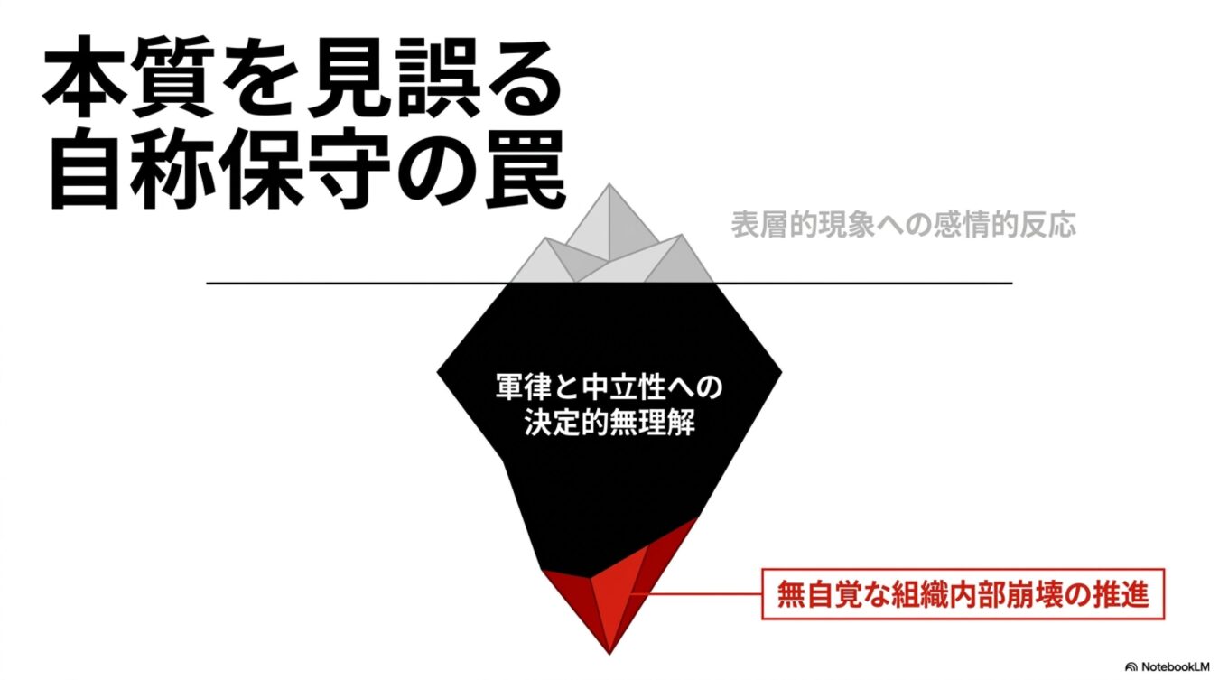 自称保守が本質を見誤り、軍律・中立性への無理解から無自覚な組織崩壊を招く氷山モデル図。