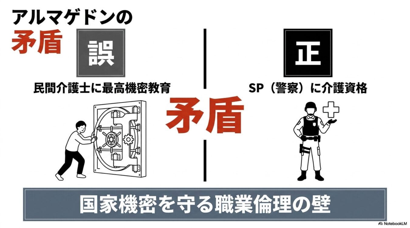 アルマゲドンの矛盾として、民間介護士への機密教育という誤りと、警察官への介護資格付与という正しさを比較し、国家機密を守る職業倫理の壁について解説する図解。