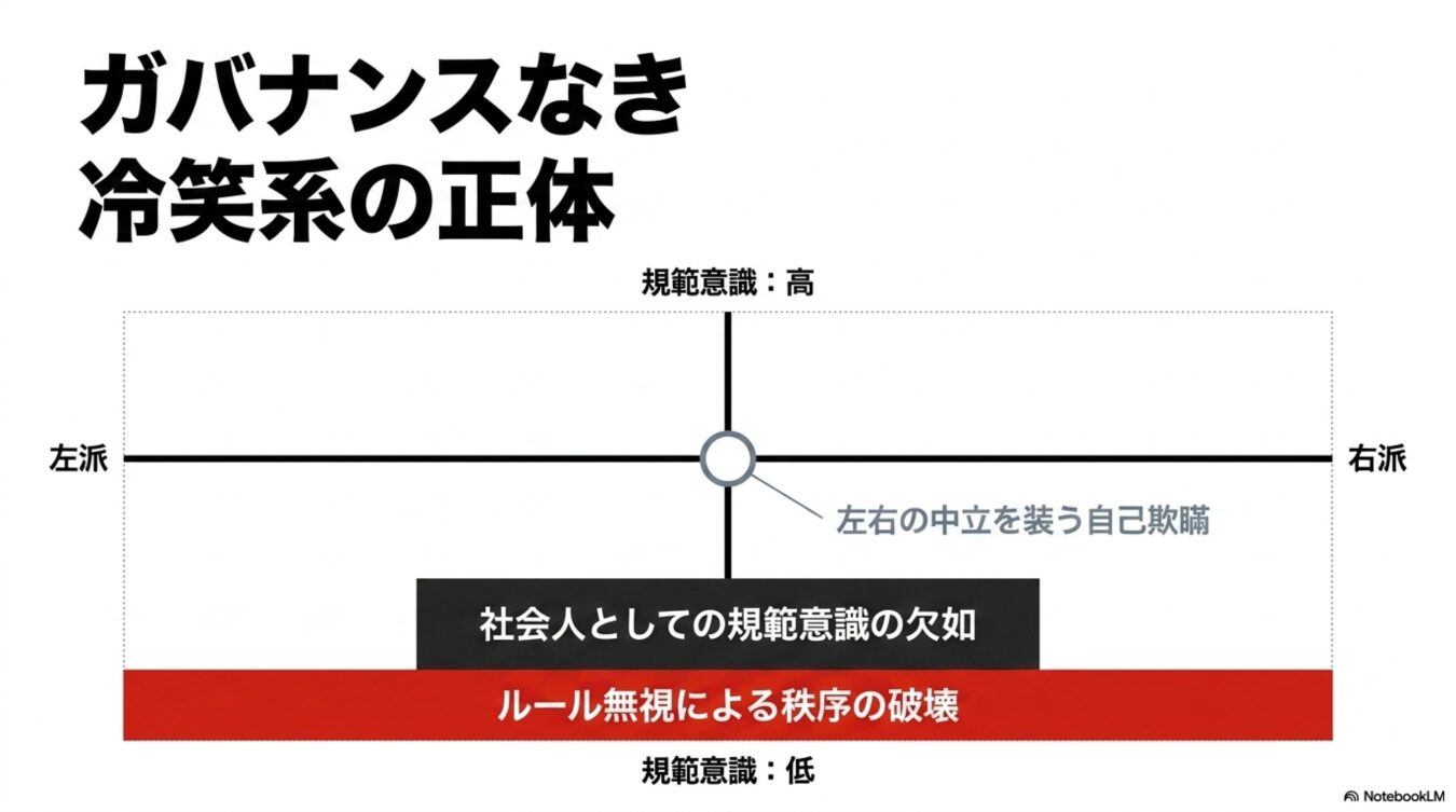 左右の軸（左派・右派）と上下の軸（規範意識：高・低）を持つ座標上に、「左右の中立を装う自己欺瞞」という中心点と、下部に位置する「社会人としての規範意識の欠如」「ルール無視による秩序の破壊」という項目を配置した図解。