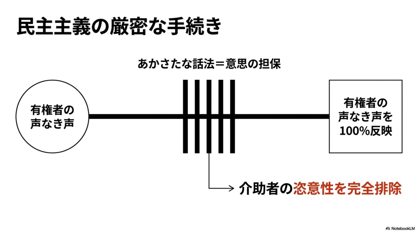 民主主義の厳密な手続きとして、あかさたな話法を用いて介助者の恣意性を排除し、有権者の声なき声を100%反映する仕組みを示した図。
