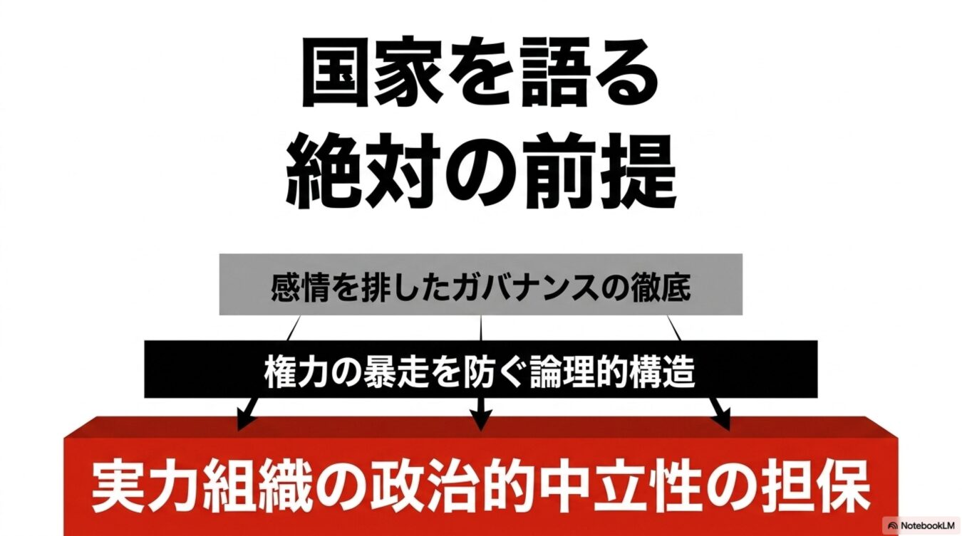 「国家を語る絶対の前提」という見出しの下に、「感情を排したガバナンスの徹底」「権力の暴走を防ぐ論理的構造」「実力組織の政治的中立性の担保」という3つの階層的な項目が矢印でつながれた図解。