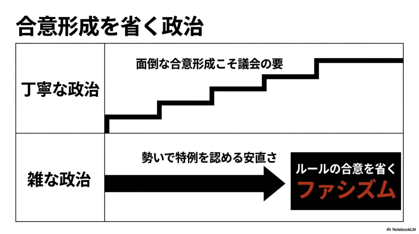 丁寧な政治における段階的な合意形成と、勢いで進む雑な政治がファシズムへ至る危険性を対比させた図解。