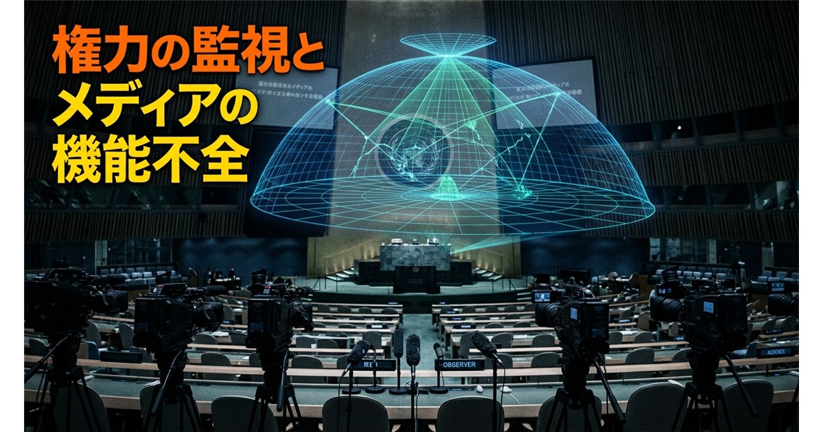 薄暗い国連会議場の背景に、巨大な「アイアンドーム（防空レーダー網）」のホログラムが重なる重厚なデザイン。手前には無数の監視カメラやマスメディアのマイクが並ぶが、そのすべてが意図的に「明後日の方向」を向いている構図。権力者の監視とメディアの機能不全をシニカルに表現する。