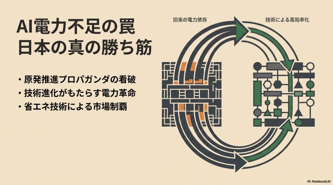 AIによる電力不足という課題に対し、旧来のエネルギー依存から省エネ技術による高効率化への転換と、日本の勝機について論じるテキストと図解。
