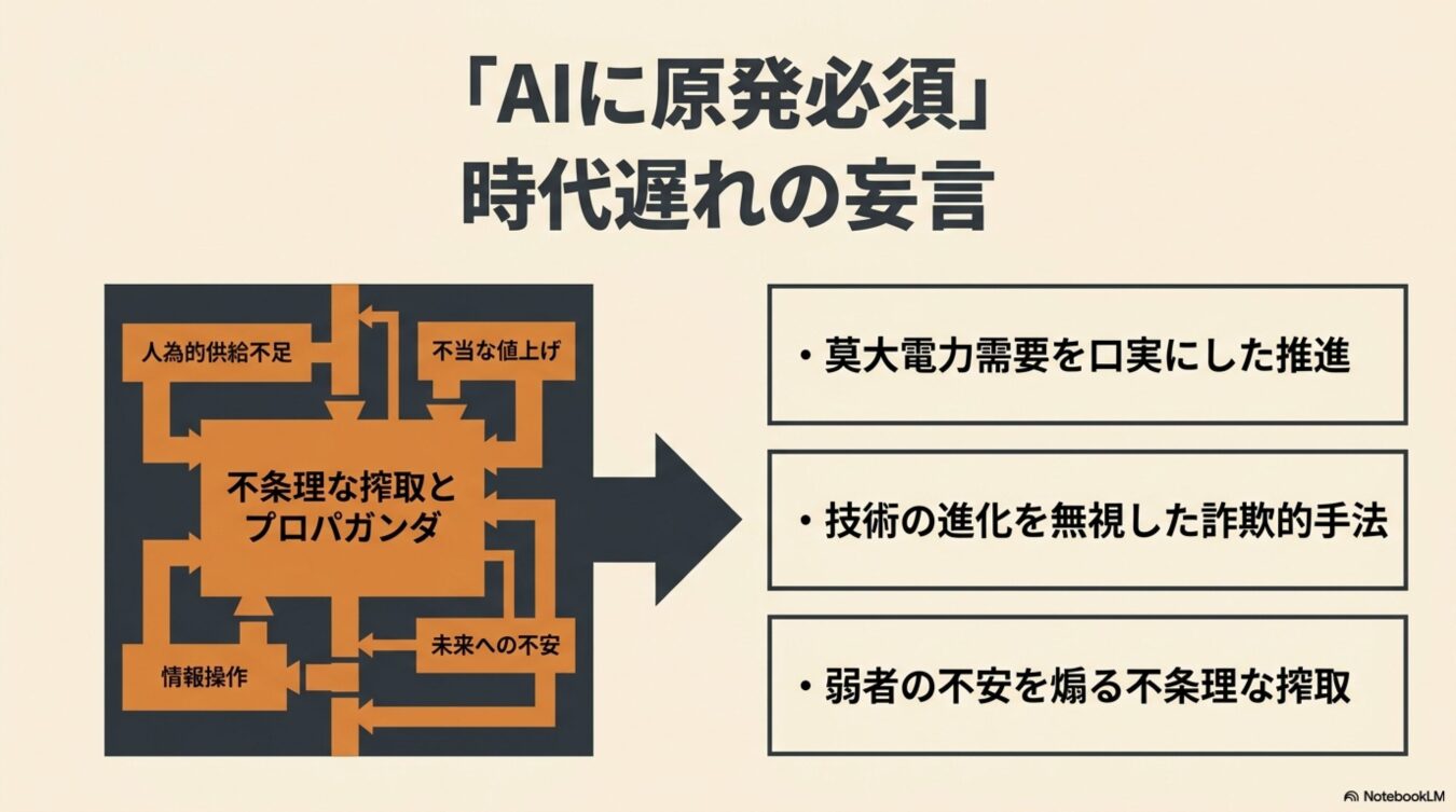 「AIに原発必須」という主張を批判的に捉え、その背後にある利権構造とプロパガンダを概念図と箇条書きで指摘するスライド画像。