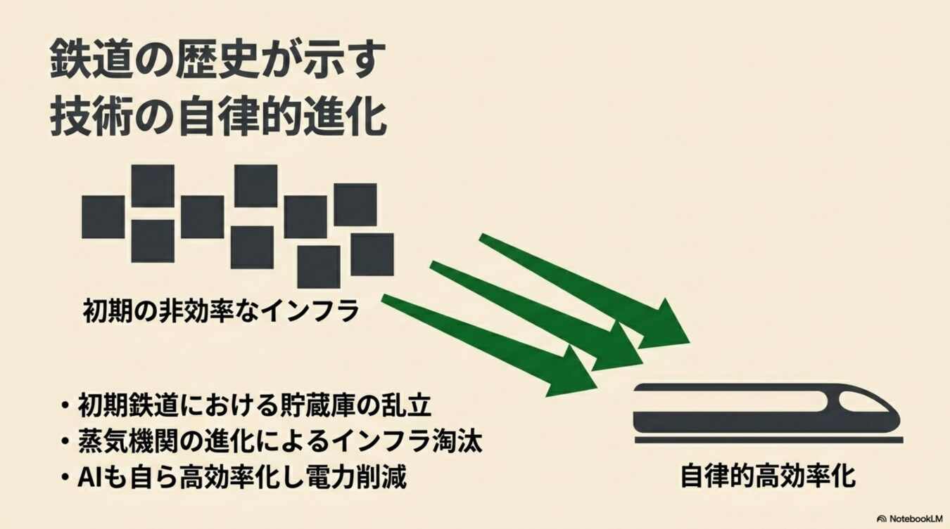 鉄道の歴史における技術の自律的進化を示した図で、左側の非効率なインフラ（複数の四角形）から右側の効率化された車両へ矢印が向かっており、初期の貯蔵庫の乱立、蒸気機関によるインフラの淘汰、AIによる電力削減の要点が箇条書きされています。
