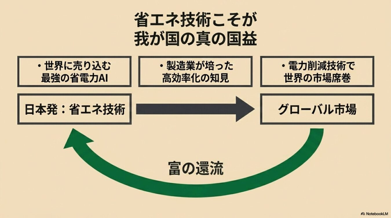 「省エネ技術こそが我が国の真の国益」をテーマに、日本発の省エネ技術がグローバル市場で利益を生み、それが国内に還元される好循環を示す概念図。