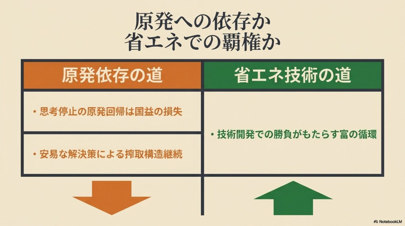 「原発への依存か、省エネでの覇権か」をテーマに、原発依存を否定的に、省エネ技術を肯定的に対比させた比較表。