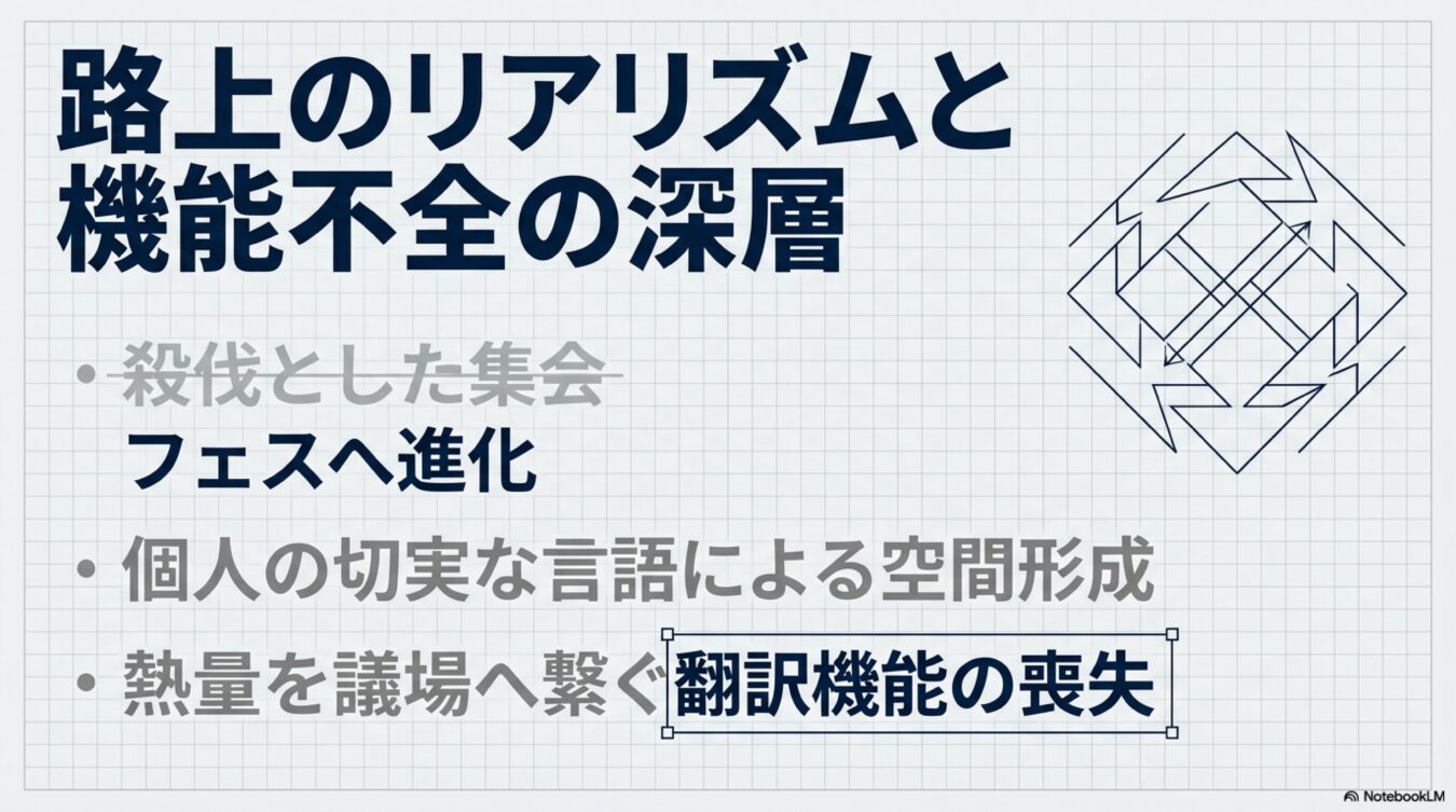 路上のリアリズムと機能不全の深層という題目のもと、集会の進化や言語による空間形成、翻訳機能の喪失といった社会的なテーマを箇条書きで示す図解。