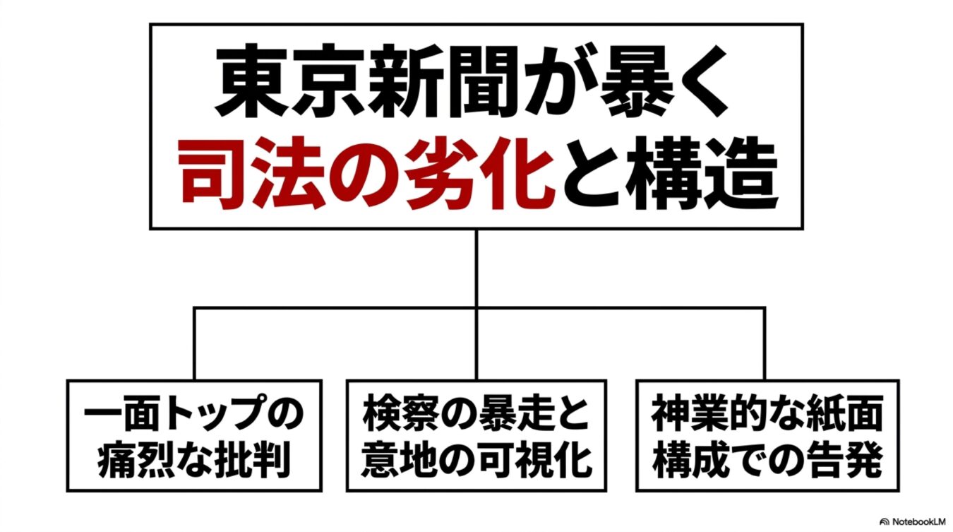 東京新聞が暴く司法の劣化と構造をテーマに、一面トップによる検察の暴走の可視化や神業的な紙面構成による告発をまとめた図解。