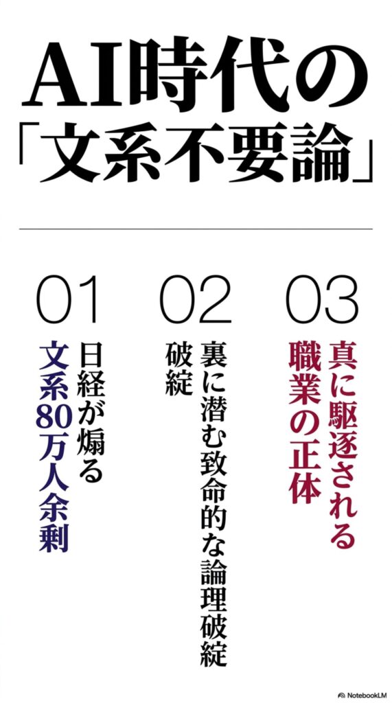 「AI時代の『文系不要論』」というタイトルの下に、日経新聞の報道に対する論評を予告する3つの項目（01：日経が煽る文系80万人余剰、02：裏に潜む致命的な論理破綻、03：真に駆逐される職業の正体）が縦書きで列挙された図版。